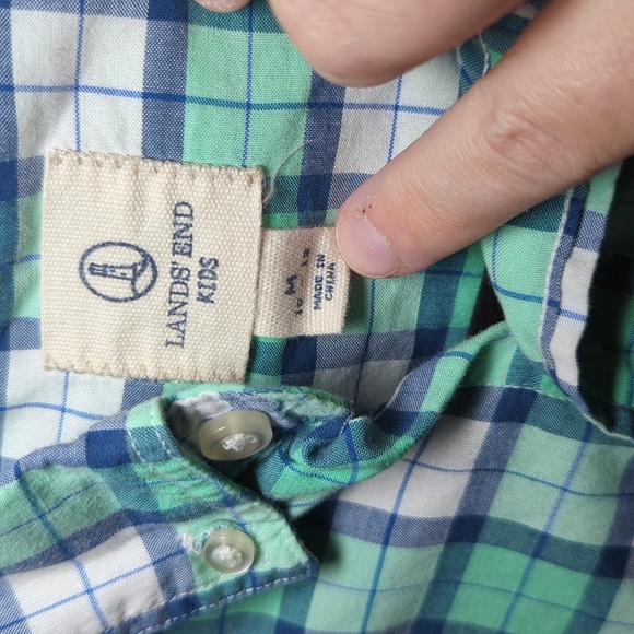 Lands End Blue Green White Plaid Button-Down Shirt Long-Sleeve Boys Size M 10-12 - Picture 3 of 4